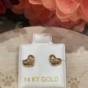 Real 14K Yellow Gold diamond Cut Pop Heart Screwback Earrings